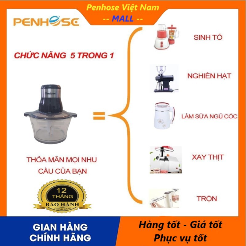 [PENHOSE] Máy xay thịt, máy bóc tỏi đa năng công suất 350W cao cấp Model PH-867S chính hãng (BH 12 Tháng)