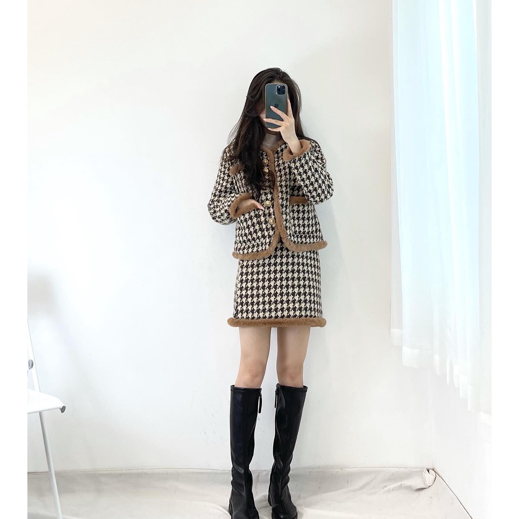 (FREESHIP) Set dạ nâu viền lông hàng quảng châu cao cấp Miho house