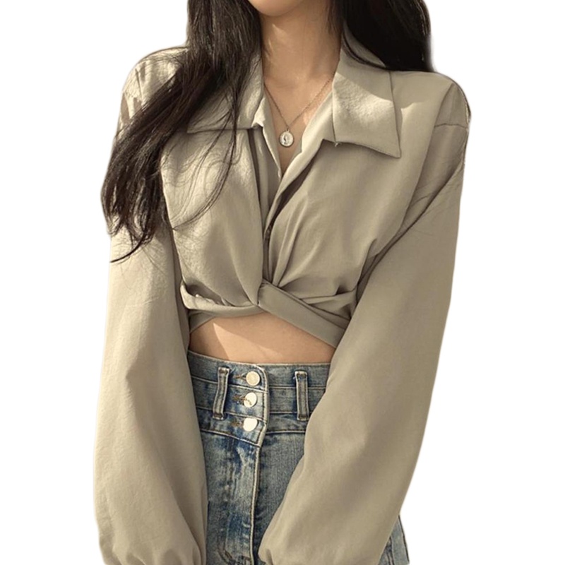 Áo Thun Croptop Tay Dài Màu Trơn Thắt Nơ Sau Lưng Dễ Thương Cho Nữ