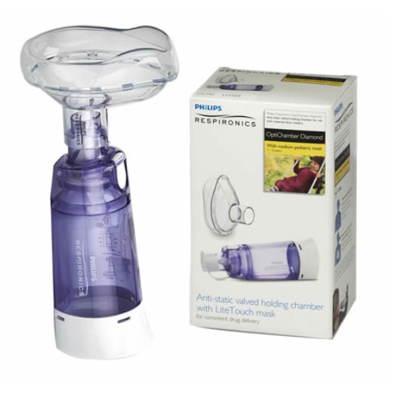 [ SALE SỐC ] Buồng đệm, buồng hít hen suyễn (Babyhaler) Philips Respironics OptiChamber Diamond – loại có mặt nạ silicon