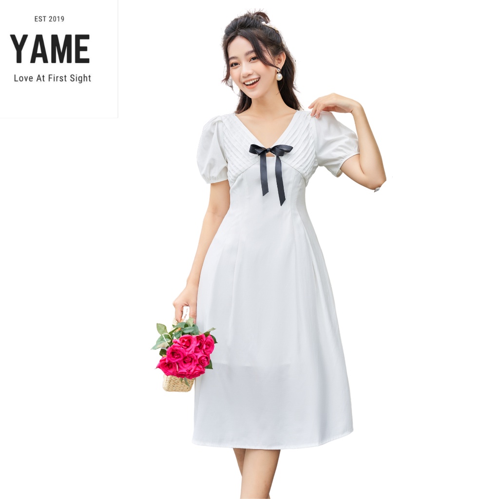 Váy trắng tiểu thư đi tiệc phối cổ nơ sang choảnh trắng li ngực đính nơ yv05 YAME