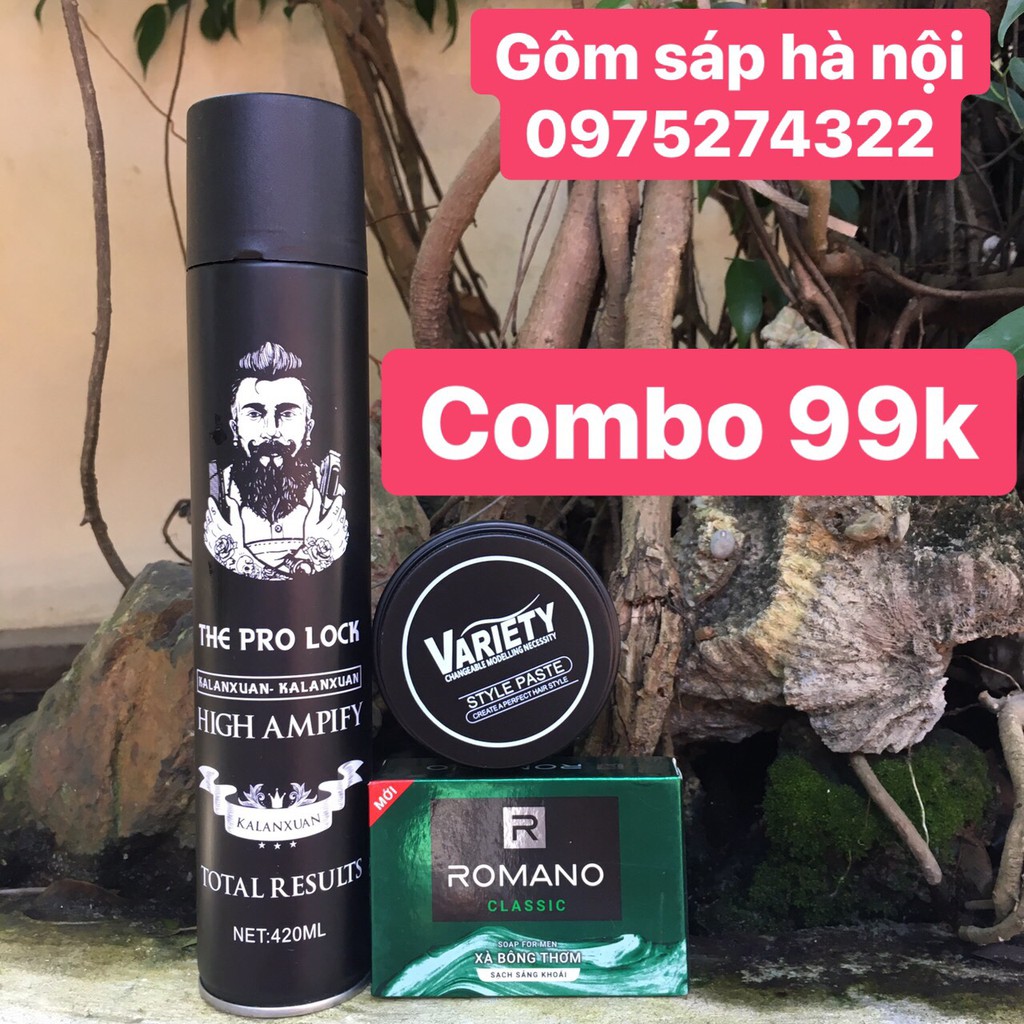 (HÓT) COMBO Gôm Xịt Tóc The Pro Lock High Ampify + Sáp Vuốt Tóc Variety Matte Lasting 100ml + XÀ BÔNG TẮM ROMANO