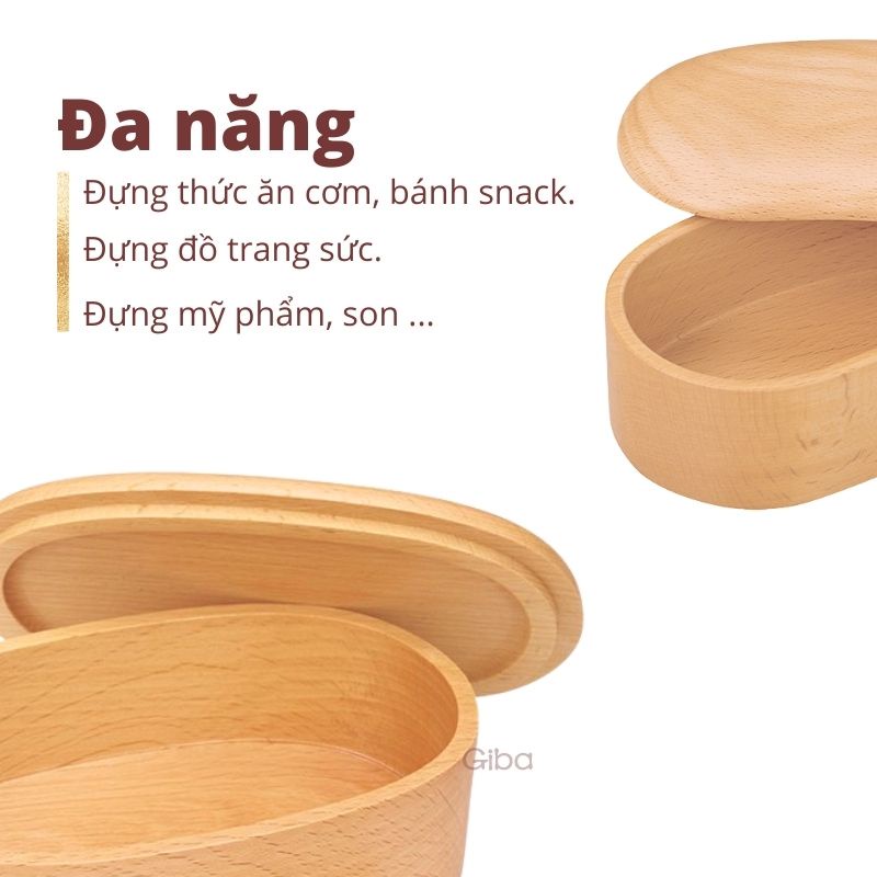 Hộp gỗ đa năng đựng trang sức mỹ phẩm bằng gỗ hình hạt đậu, hộp đựng cơm bento - Giba