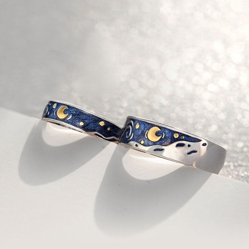 ❀AUTU 925 Silver Plated Van Gogh Starry Sky Open Lover Rings Band Romantic Jewelry