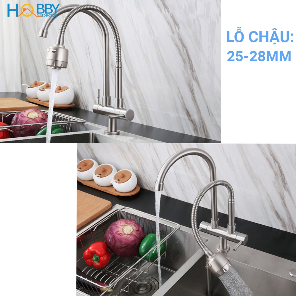 Vòi rửa chén 2 đầu lạnh lò xo có vòi tăng áp 2 chế độ phun HOBBY Home Decor LX2D chuẩn Inox 304 - 2 kiểu dáng