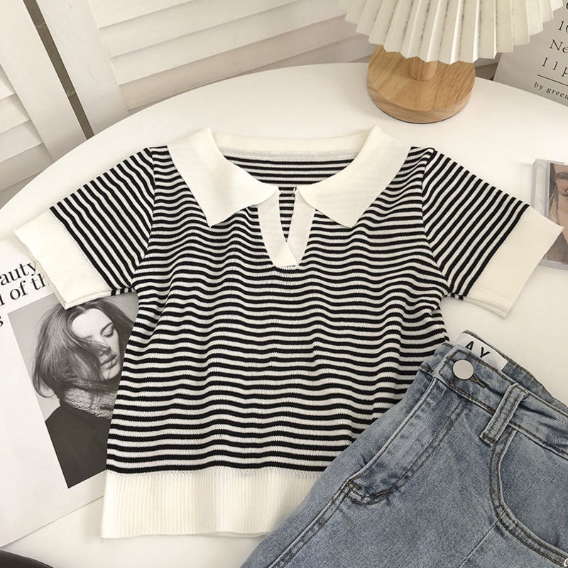 Áo Len Dệt Kim Ngắn Co Giãn Họa Tiết Kẻ Sọc Nhiều Màu Sắc Phong Cách Hàn Quốc Thời Trang Mùa Hè Cho Nữ