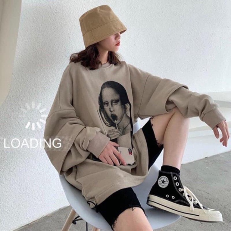 Áo sweater nữ màu nâu nhạt dài tay hình cô gái phom rộng chất nỉ bông dày dặn cá tính phong cách retro Hàn Quốc