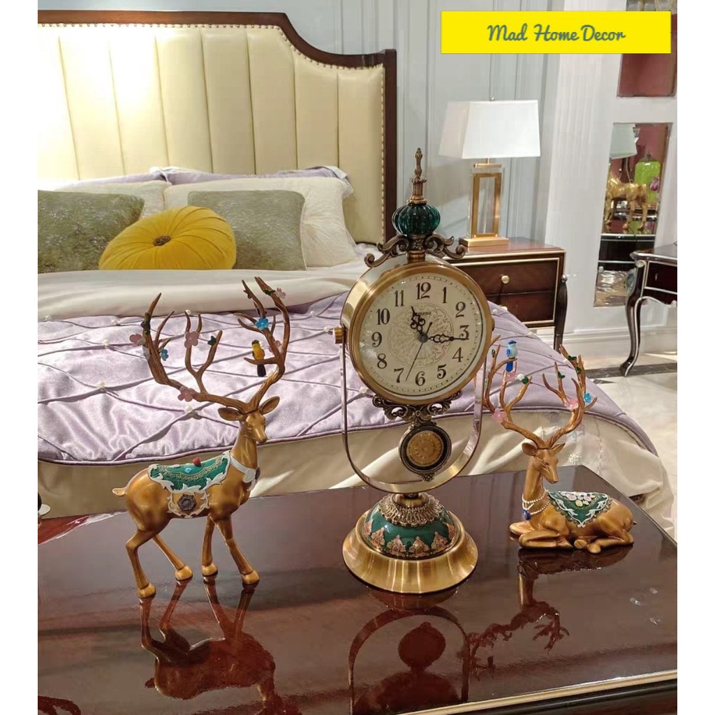 [HÀNG SẴN] Đồng Hồ Trang Trí Decor Hươu Vàng-Cặp hươu vàng và chiếc đồng hồ sang chảnh-Chuyên xuất Châu Âu