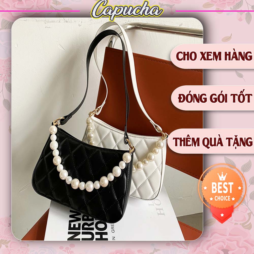 Túi xách nữ đeo vai trần chỉ trám kèm dây giả ngọc hàng hot hit Capucha T56