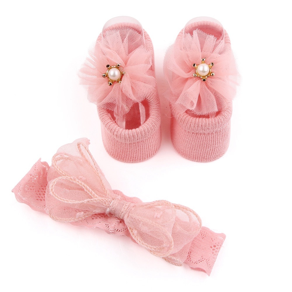 Set vớ ren hình bông hoa kèm băng đô đính bông hoa và vương miện co giãn đính ngọc trai giả màu trơn cho bé gái