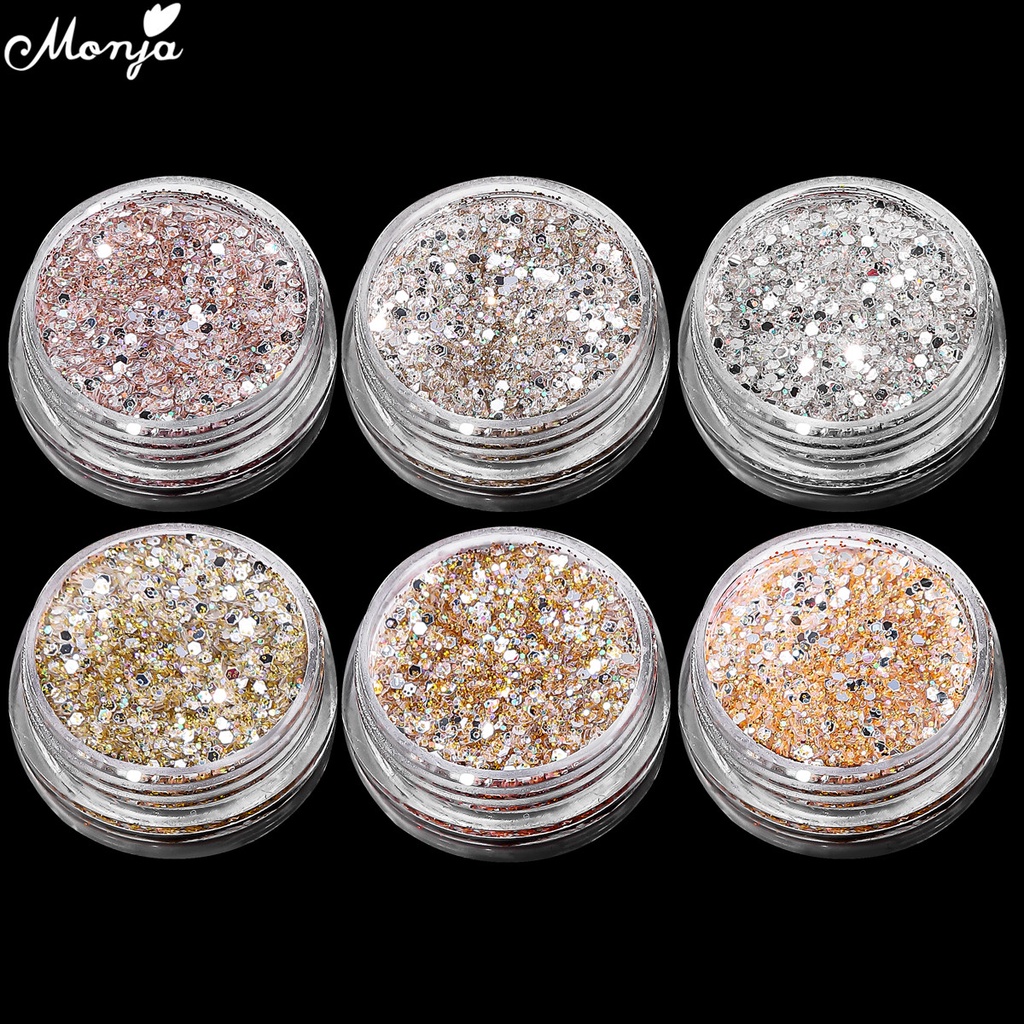 Lọ bột kim tuyến lục giác Monja 6 màu ánh kim sang trọng dùng trang trí móng tay DIY độc đáo