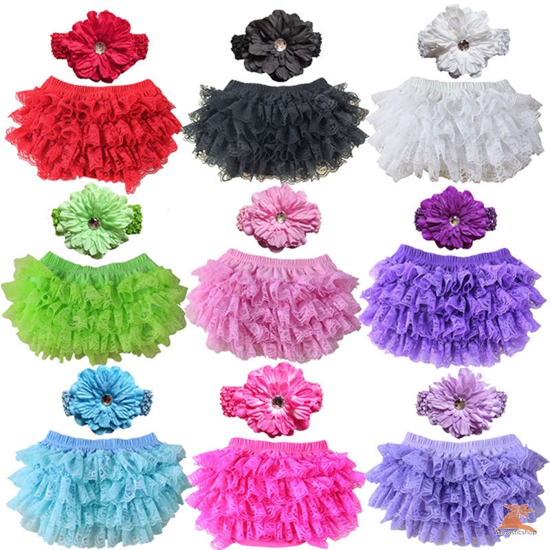 ☞Dây buộc tóc☜ Cute New Baby Girl Bloomers Diaper Cover Headband Set Newborn Ruffle Panties Lace Infant Shorts