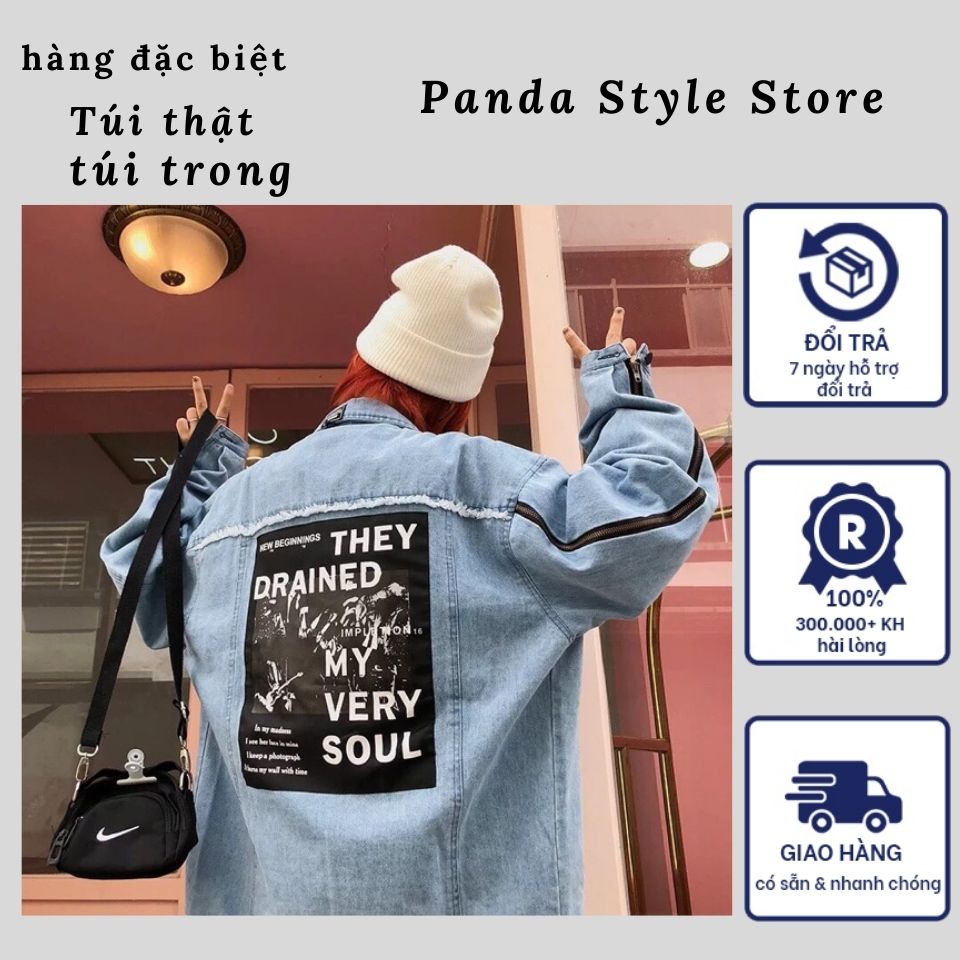 Áo khoác jean xanh form rộng dây kéo tay - áo in báo có túi chứa điện thoại cực chất