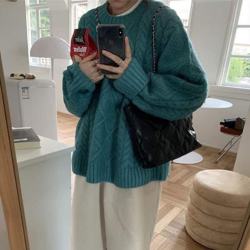 Áo Len Nữ - Áo Len Màu Trơn Dáng Rộng Cổ Tròn Mặc Thu Đông Phong Cách Hàn Quốc | BigBuy360 - bigbuy360.vn