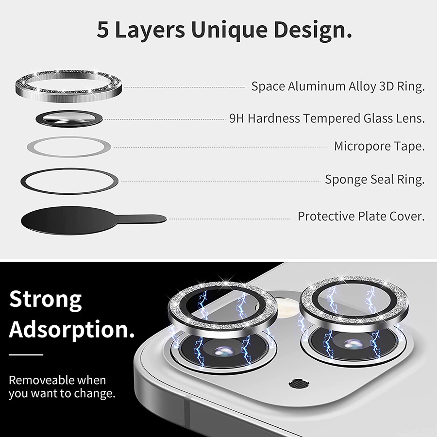 Kính cường lực viền kim tuyến bảo vệ mắt Camera Cho iPhone 15/ 15 Pro Max/ 15 Pro/ 14 Pro Max/ 13 Pro Max/ 12 Pro Max/ 11 Pro Max/ 11/ 12/ 13/ Mini/ 15 Plus