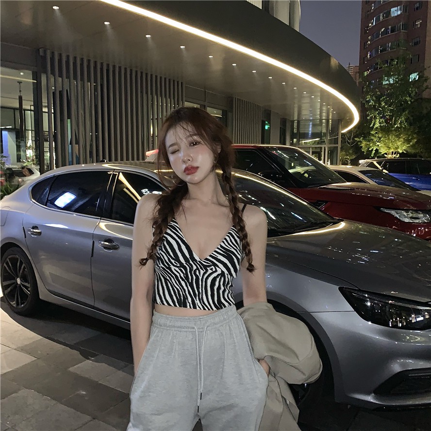 Áo Hai Dây Xiaozhainv Cổ Chữ V Họa Tiết Sọc Ngựa Vằn Phong Cách Vintage Gợi Cảm Kiểu Hàn Quốc