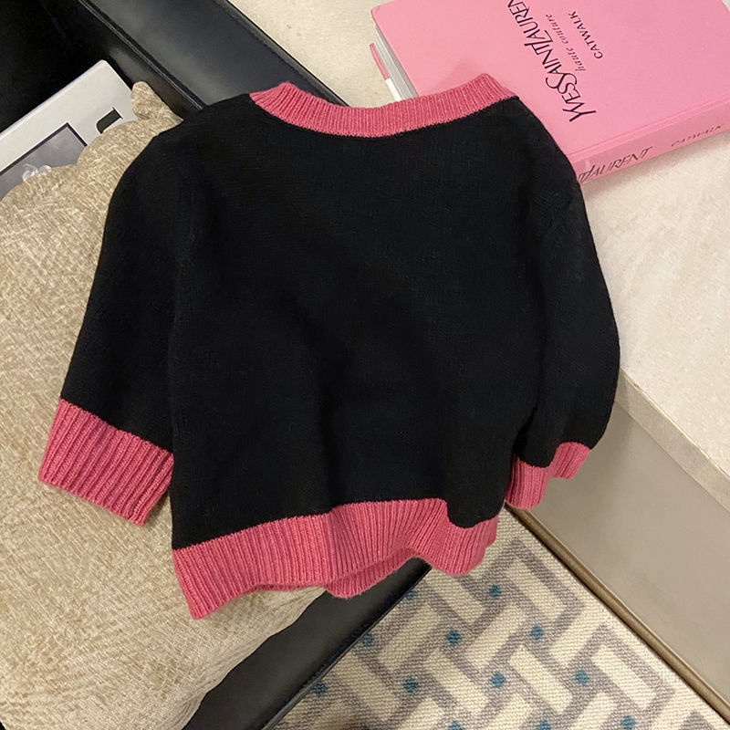 Áo Len Dệt Kim Ngắn Tay Họa Tiết Hoạt Hình Phối Màu Tương Phản Phong Cách Retro Nhật Bản Cho Nữ  tao bao