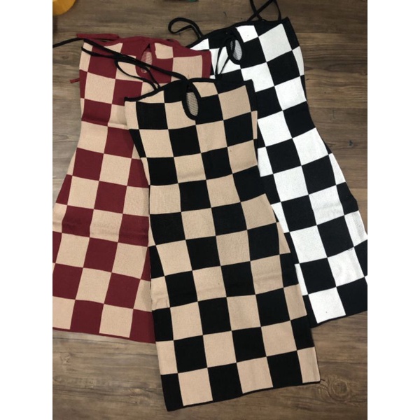 Váy đầm len body 2 dây sexy hoạ tiết caro hàng len QC