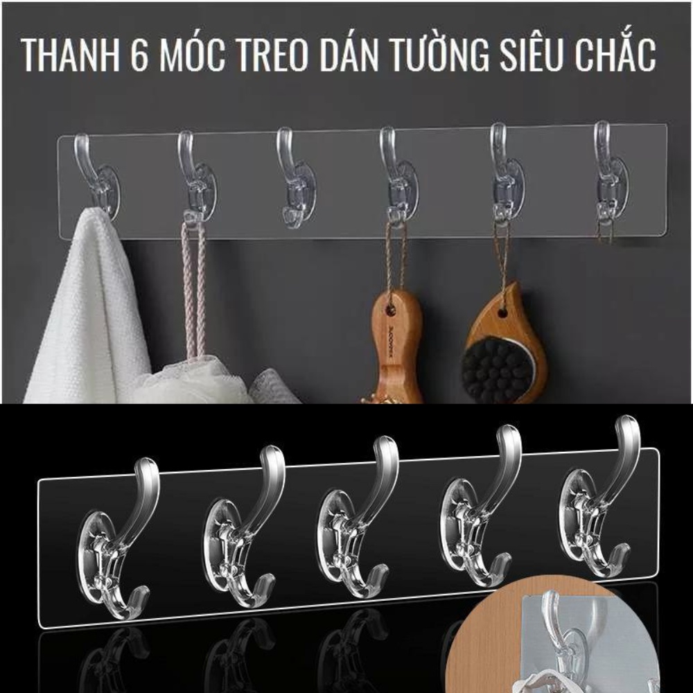 Móc Dán Dài Nguyên Khối Trong Suốt, Móc Dán Dài Siêu Dính, Thanh Treo Đồ 6 Móc Dán Tường Siêu Dính