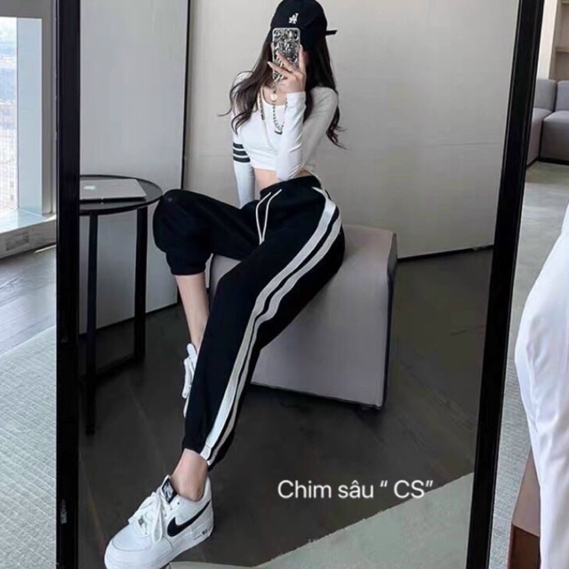 Set thể thao thun borip croptop Trắng-đen