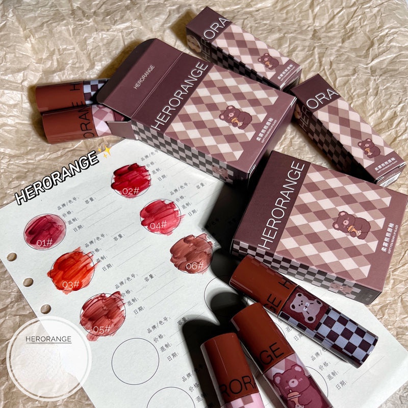Set 3 Son Kem Hiệu Ứng Gương Thiết Kế Hình Gấu Dễ Thương Thương Hiệu Herrange