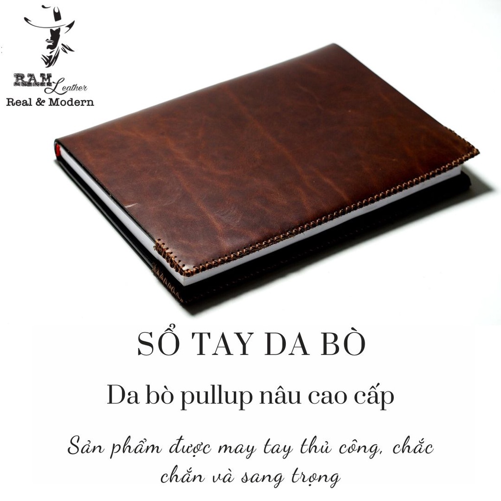 Sổ bọc da bò RAM Leather nâu đỏ may tay thủ công