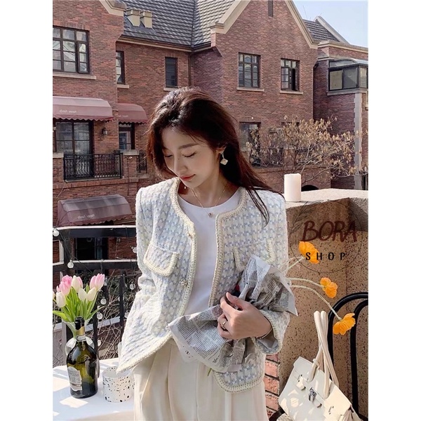 -Áo khoác dạ tweed nữ Ulzzang Hàn Quốc BORA SHOP 2 túi giả ngực viền trắng