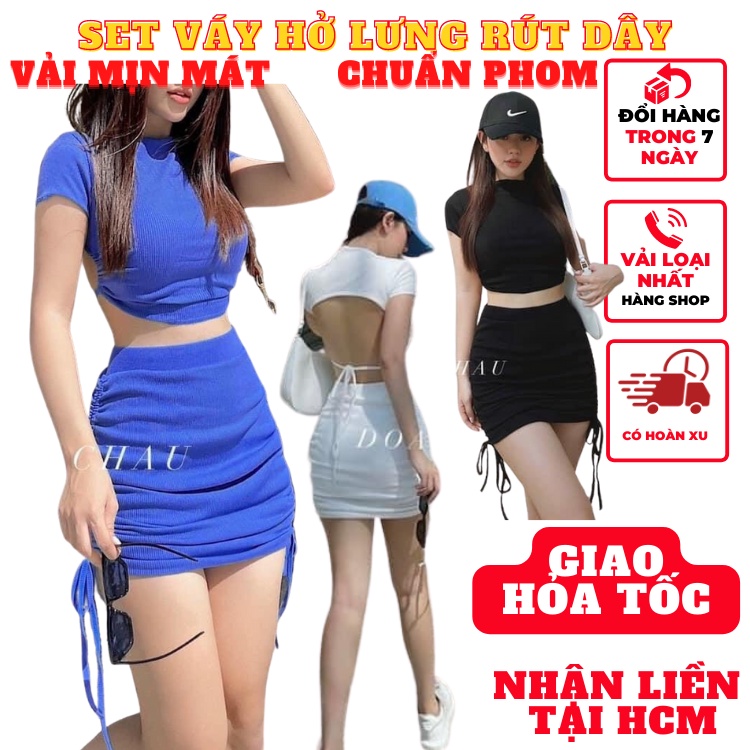 Set đồ nữ sang chảnh bộ áo croptop hở lưng dây rút kèm váy ngắn thun gân kiểu hàn quốc sang chảnh VD175