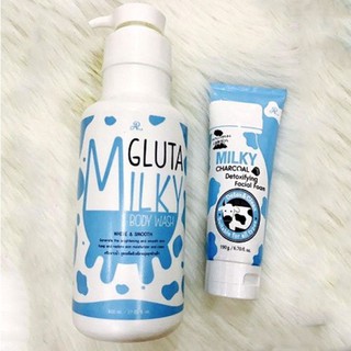 Combo sữa tắm và sữa rửa mặt trắng da Gluta Milky Thái Lan