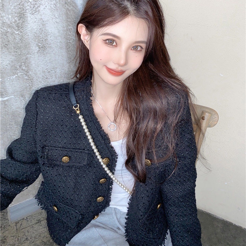 Áo Khoác Tay Dài Cổ Chữ V Dáng Rộng Màu Đen Phối Tua Rua Phong Cách Retro Thời Trang Mùa Thu Cho Nữ