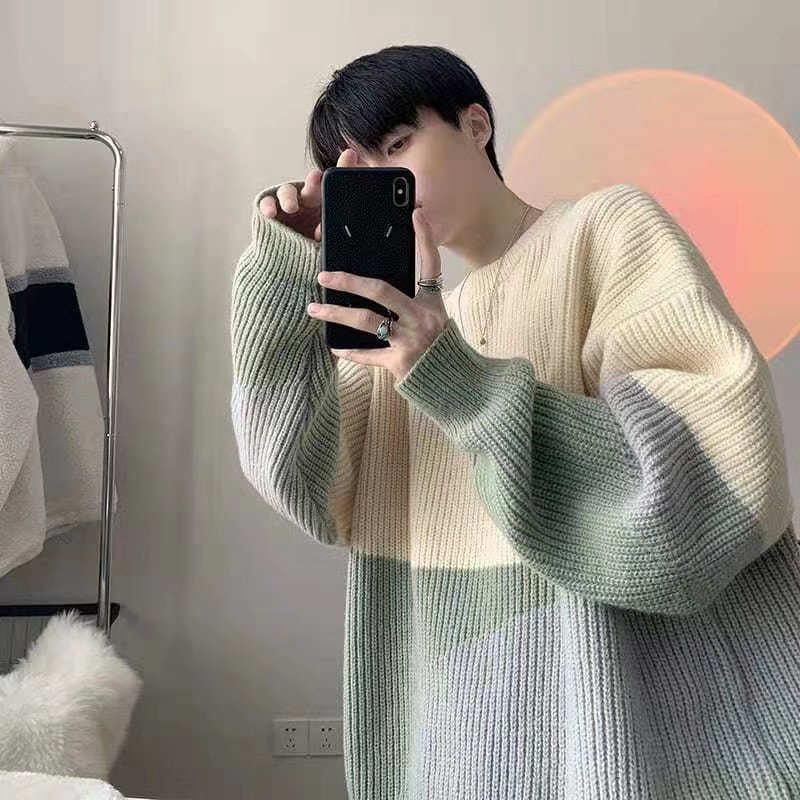 Áo len nam ulzzang form rộng cổ tròn dài tay phối màu độc lạ đẹp