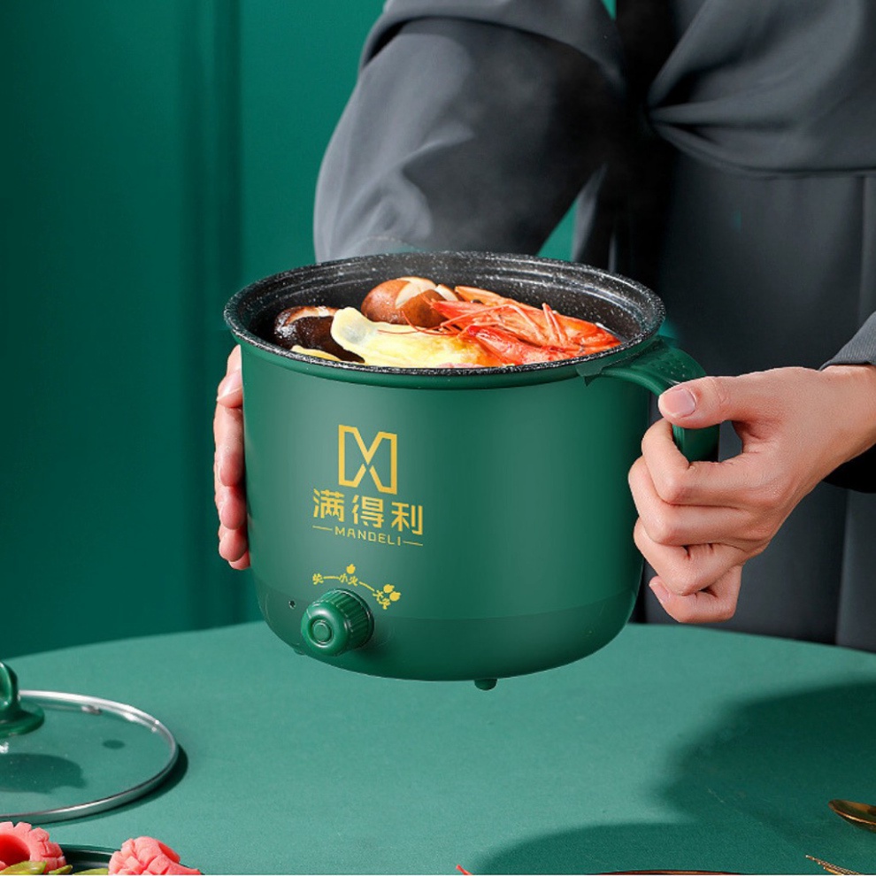 Nồi lẩu điện mini đa năng ca nấu mì nấu cơm có tay cầm 1,8L có 2 nấc nhiệt kèm giá hấp