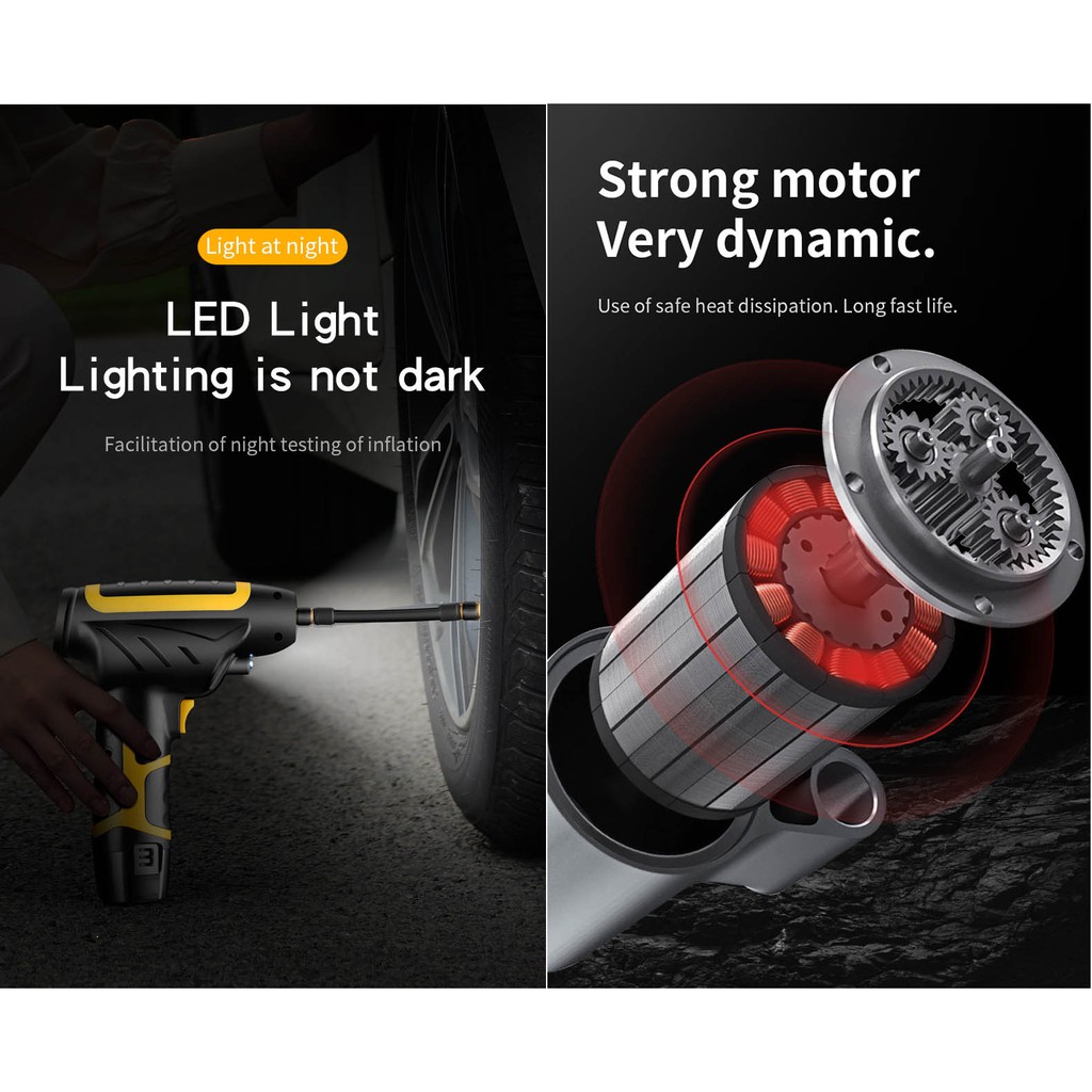 Bơm lốp dùng pin tam giác 12v nhiều phụ kiện kèm theo