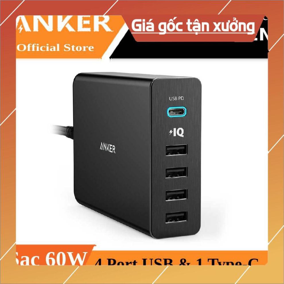 Cóc củ sạc nhanh 60W 4 cổng IQ USB & 1 cổng PD Type-C chính hãng Anker PowerPort +5 (Max 3A / Type-C và 2.4A / USB)