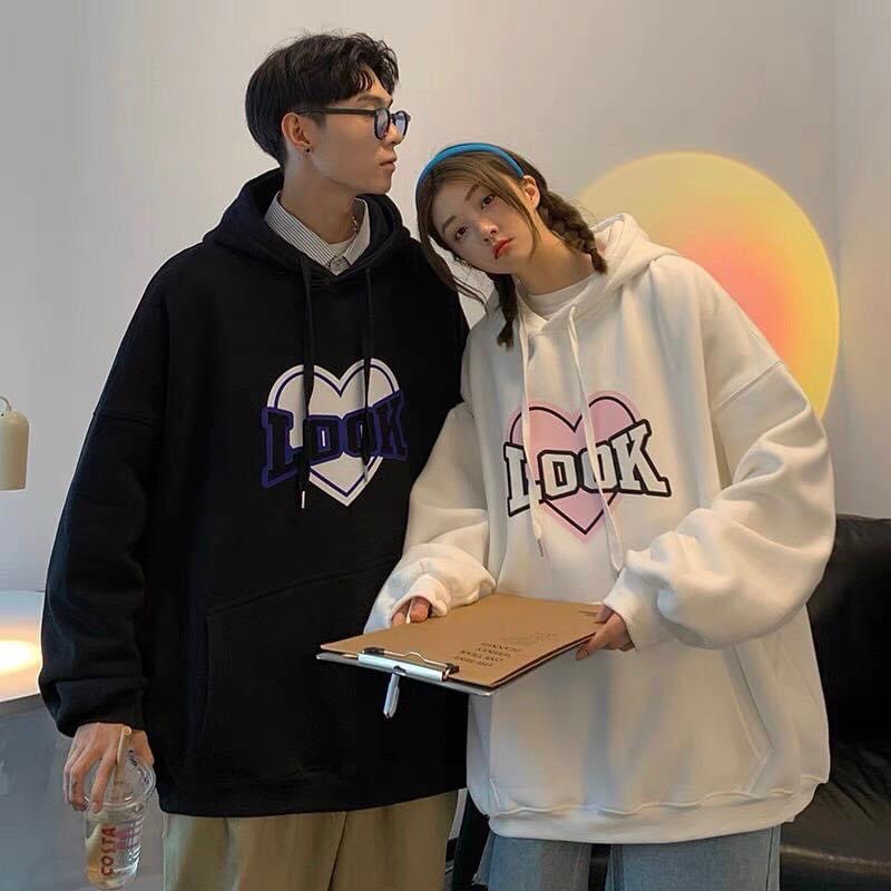 Áo Hoodie Tay Dài Nỉ Bông Unisex Trái Tim LOOK Mặc Couple Xinh Xắn