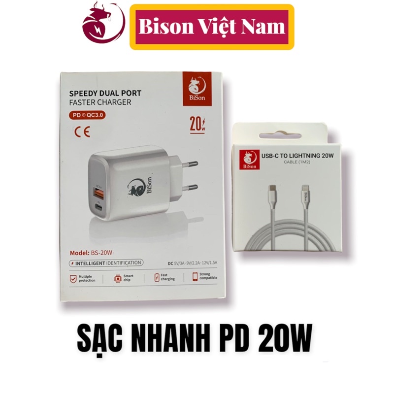 Sạc nhanh Bison 20W 2 cổng chính hãng bảo hành 12 tháng