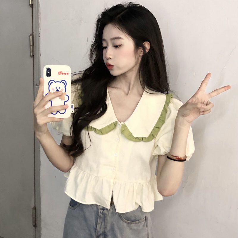 Áo Kiểu Tay Phồng Ngắn Cổ Búp Bê Màu Xanh Lá Kiểu Pháp Xinh Xắn Cho Nữ