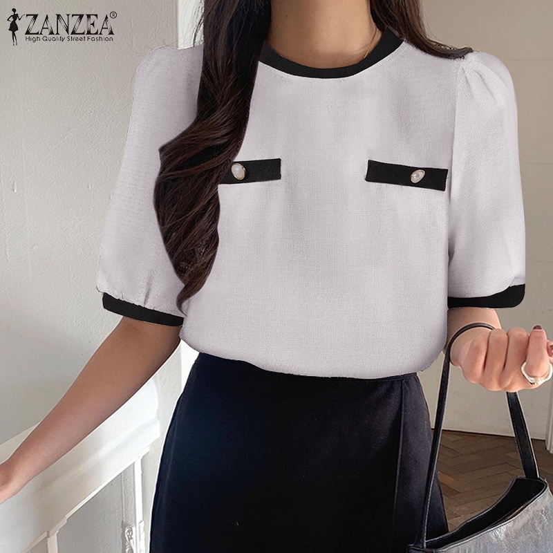 ZANZEA Áo Kiểu Cổ Tròn Tay 3 / 4 Màu Tương Phản Thời Trang Hàn Quốc Cho Nữ