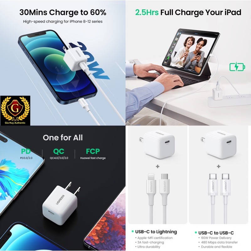 Củ sạc nhanh iPhone 12 Series, iPad Pro, Note 10, S10, S20, Mate 30 UGREEN CD241 Power Delivery 3.0 / QC 4.0/ PPS 20W