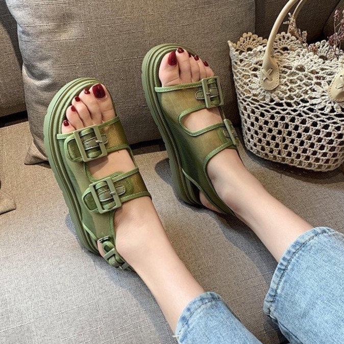 Sandal Nữ Ulzzang Vintage, Giày Sandal 2 Quai Ngang Vải Lưới Đế Cao Su Độn 3cm Hàn Quốc, Street Style - Iclassy_shoes