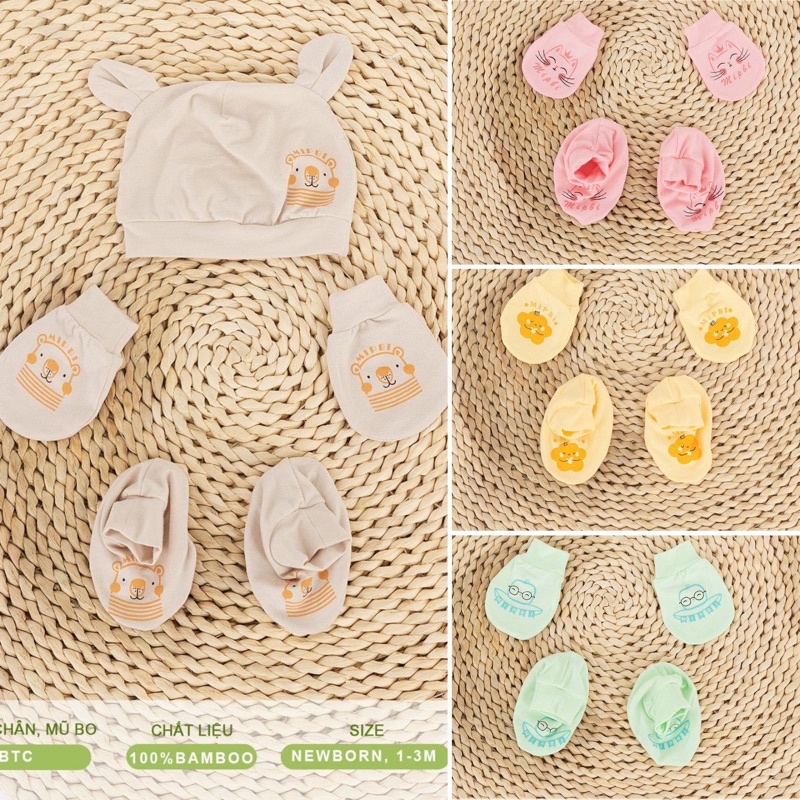 {Nhùn Nhùn}Set Mipbi sợi tre gồm mũ và bao tay chân(hoặc có bán rời bao tay chân)size NB và 1-3m