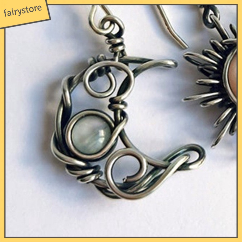 Cặp hoa tai dáng dài hình mặt trăng và mặt trời phong cách bohemian