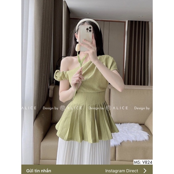 SET ÁO LỆCH VAI PEPLUM XANH + CHÂN VÂY MIDI TRẮNG MS259