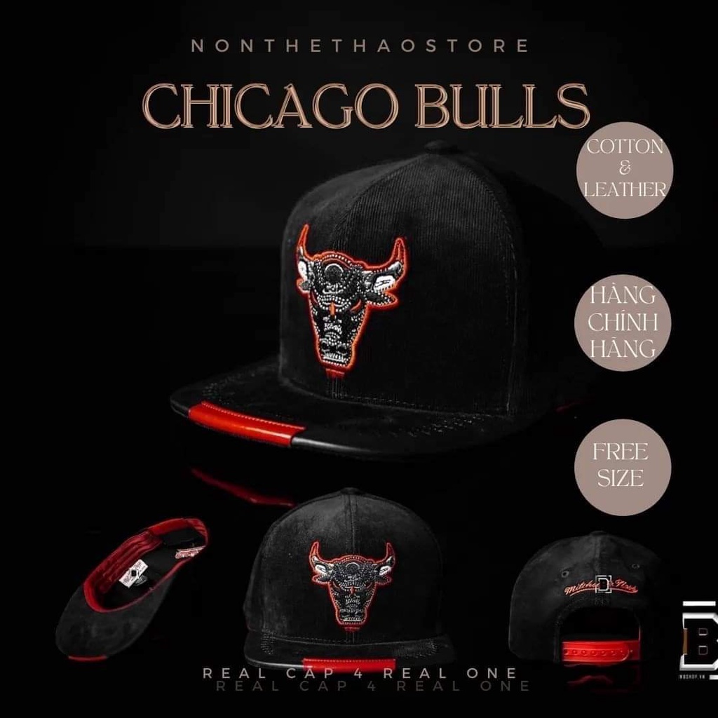 Nón lưỡi ngang CHICAGO BULLS MITCHELL & NESS CHẤT NHUNG DA LỘN CAO CẤP, VIỀN DA SANG TRỌNG Nón free size