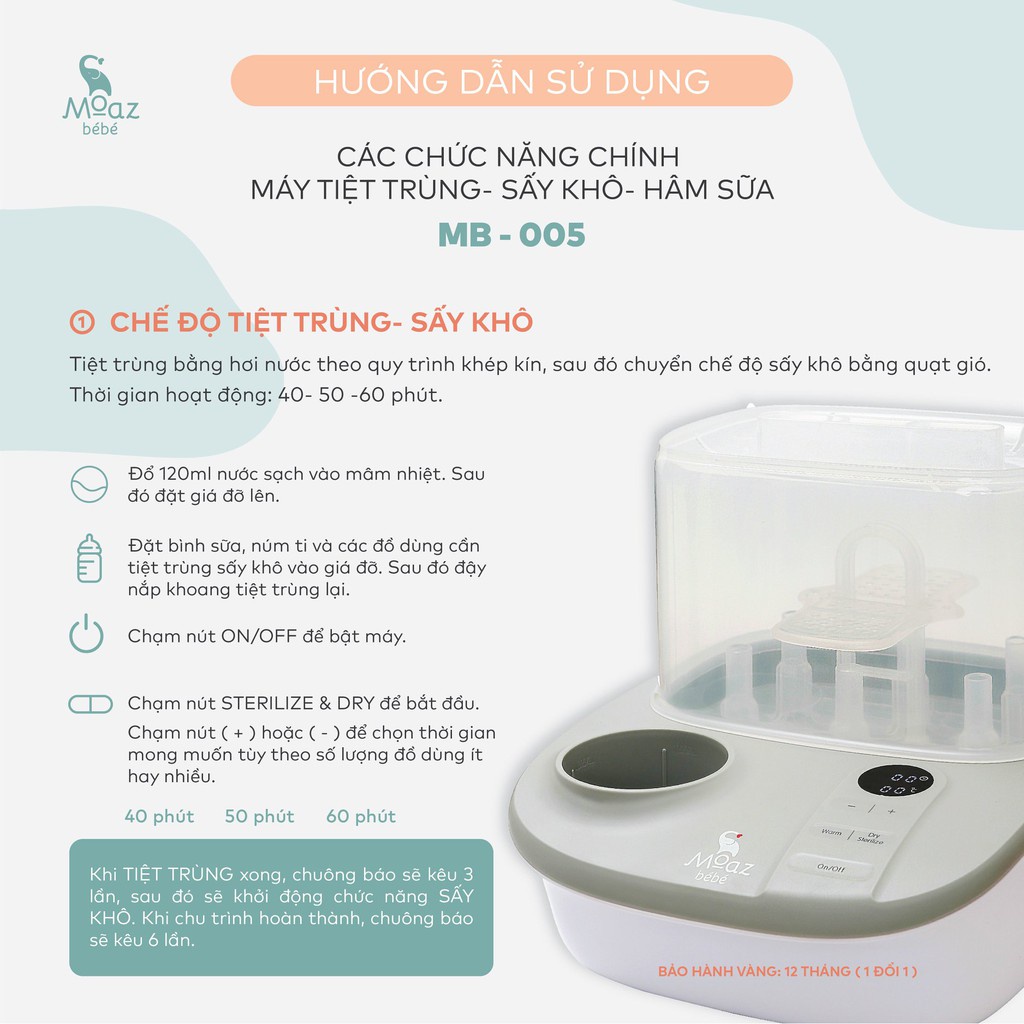Máy tiệt trùng hơi nước Moaz Bebe Mb005 sấy khô bình sữa và hâm sữa cho bé