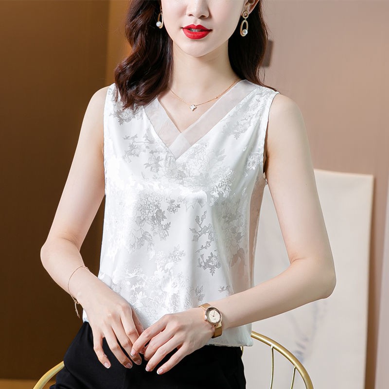 ▫Satin cổ vest nữ có dây đai rộng Mặc một chiếc áo cộc tay màu trắng phông với váy mùa hè của mẹ trong bộ đồ [Đăn