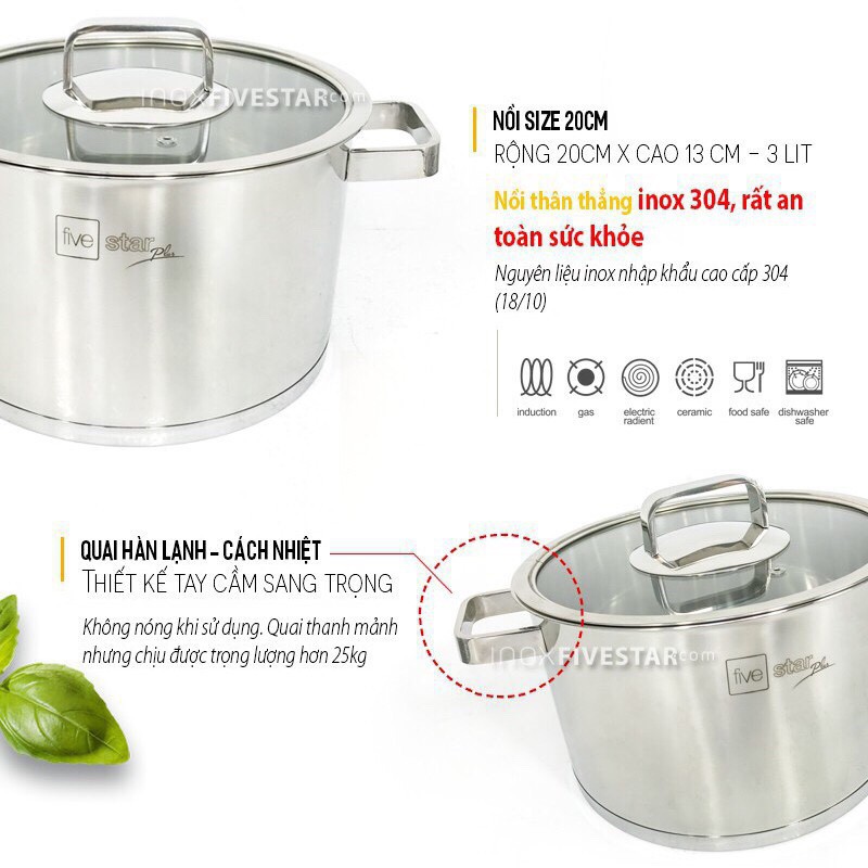 [ BẢO HÀNH 1 NĂM]Nồi inox 304 Fivestar 16-18-20-24cm-đun từ-giữ nhiêt tốt an toàn sức khỏe