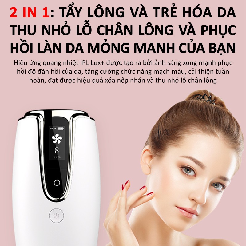 Máy Triệt Lông Vĩnh Viễn 8 Cấp - Trẻ Hóa Da Premium, Vô Hạn Xung, Triệt Tận Gốc - Tặng Kính+200g Gel+Dao Cạo BH [12TH]