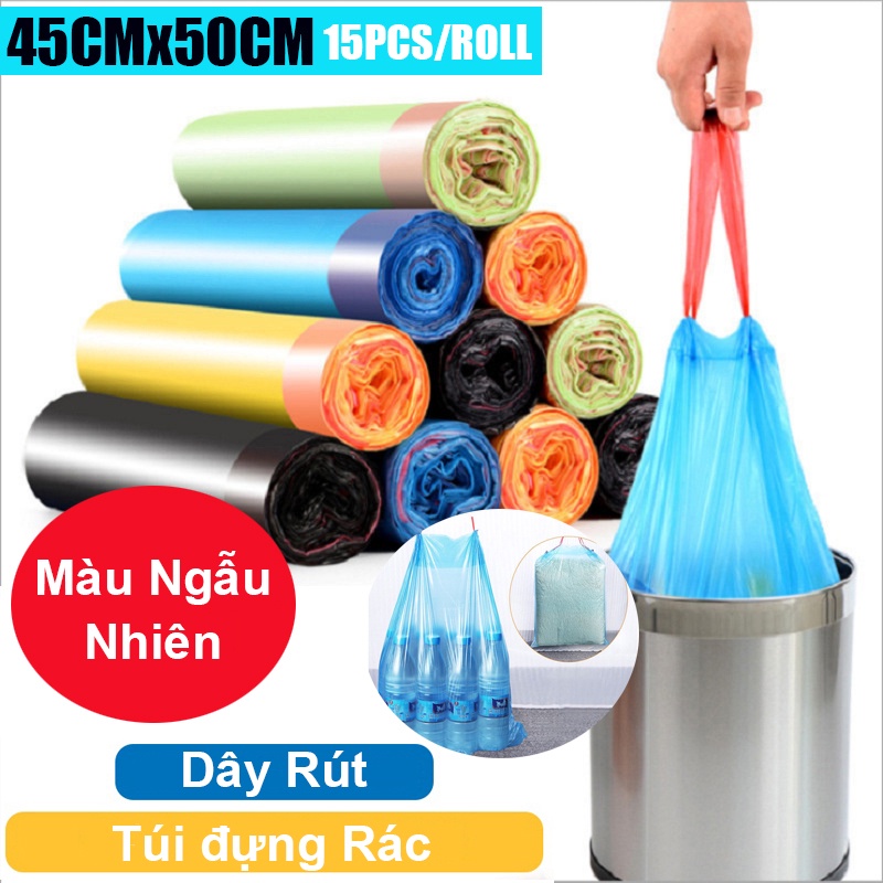 Cuộn 15 túi đựng rác bằng nhựa PE 45cmx50cm có dây rút tiện lợi