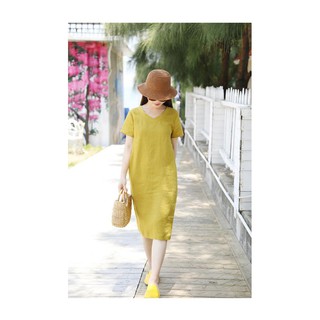 Đầm Linen cổ tim ( Hàng thiết kế + chất linen bột)